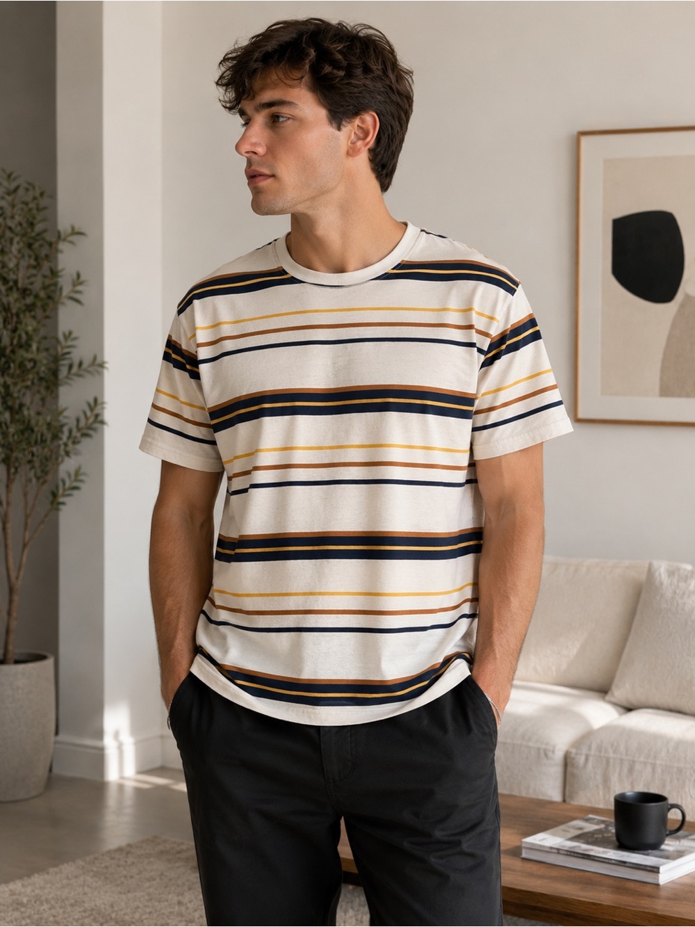 Aeropostale Striped T-Shirt Men’s Medium White Navy Mustard Casual Tee